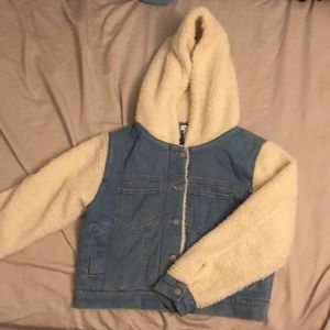 Sheep fur jean jacket with hood. Very arm, worn once